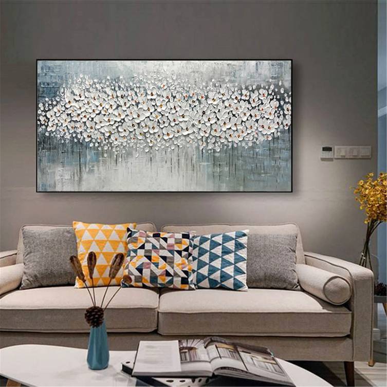 Blue Hand-painted Room Flower Grey Abstract Canvas Artwork 15V6S